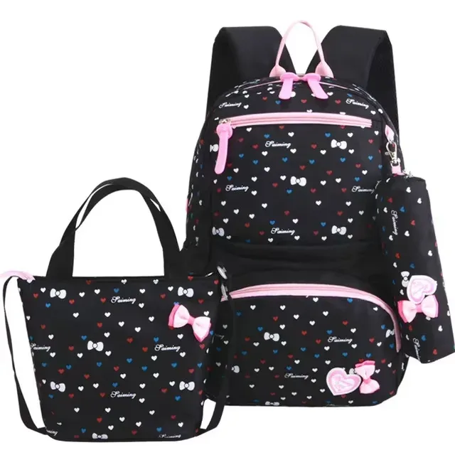 sac dos polyester point rose cœurs rouges bleus nœuds noirs pochette crayon sacs école filles voyage