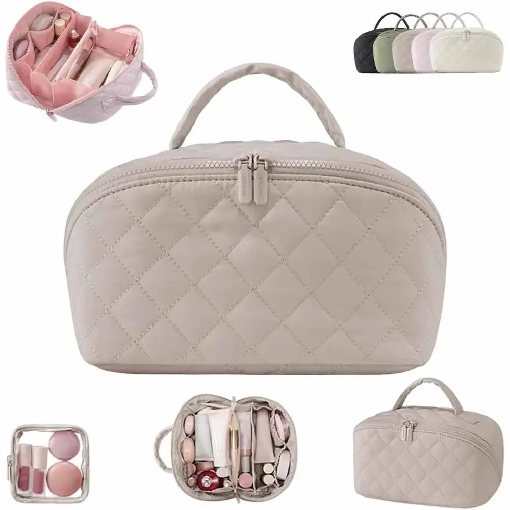 trousse de maquillage portable à large ouverture pour femme, étui à cosmétiques plat et résistant à l'eau, organisateur de voyage pour articles de toilette et pinceaux