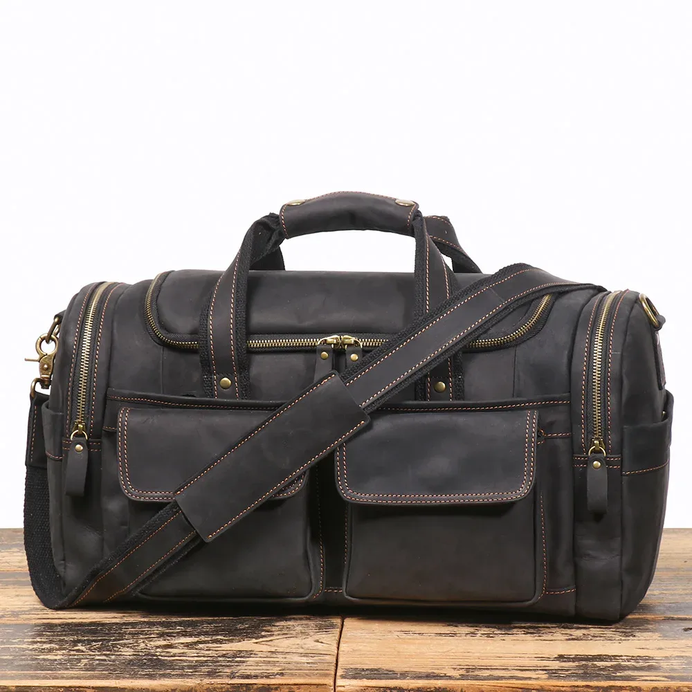 sac à main rétro marron pour hommes, sacoche en cuir de cheval fou, sac de voyage de grande capacité, sac d'affaires de week-end, sacoche à épaule unique