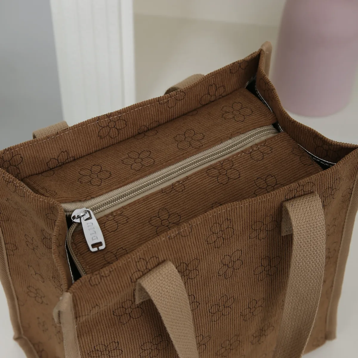 dliu, nouveau style, matière en velours côtelé, sac fourre-tout, sac à lunch, sac de rangement pour boîte à lunch, doublé de feuille d'aluminium, polyvalent pour les trajets quotidiens
