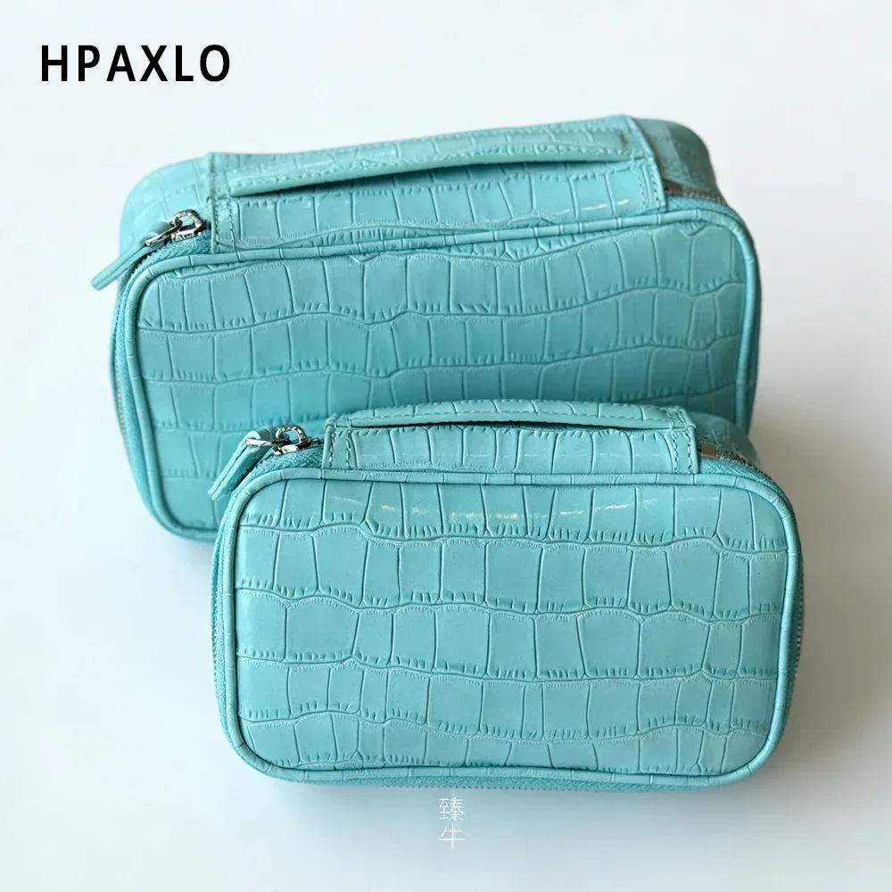trousse de maquillage en cuir pleine fleur imprimé crocodile bleu, sac de toilette, cadeau femme, étui cosmétique, organisateur de maquillage de voyage
