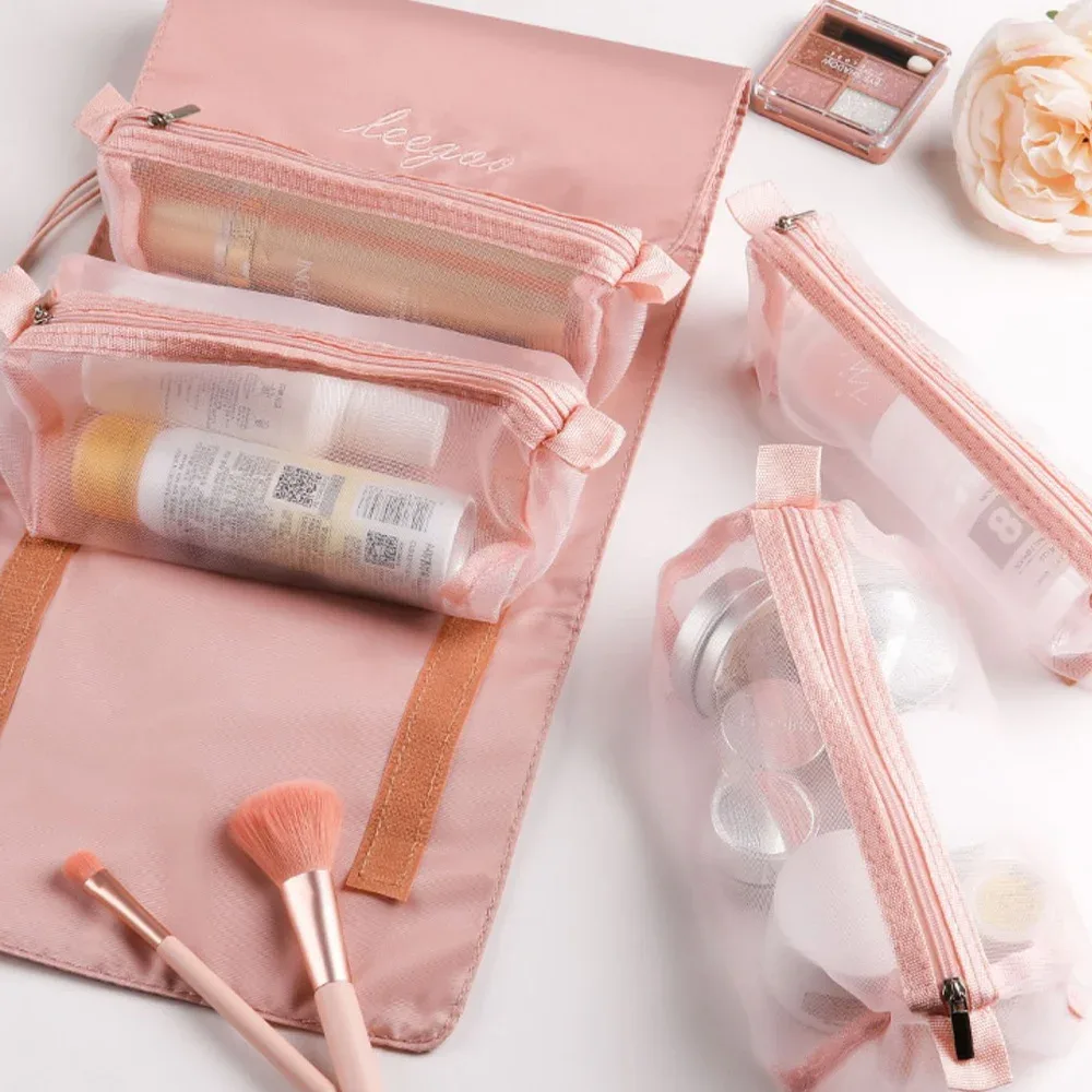 trousse à cosmétiques en maille 4 en 1, trousse de maquillage pliable, trousse de maquillage portable, trousse de toilette de voyage, trousse de rangement pour rouge à lèvres, poudres, évaluation, nouveau