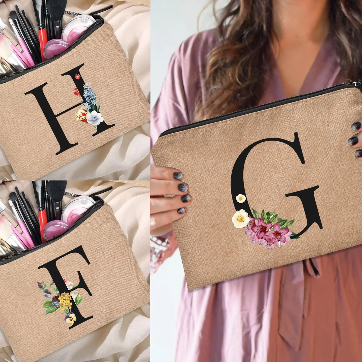 pochette en lin à fermeture éclair pour femmes, imprimé de lettres florales, étui de rangement de voyage, sac à cosmétiques, trousse de maquillage, sacs de maquillage de demoiselle d'honneur