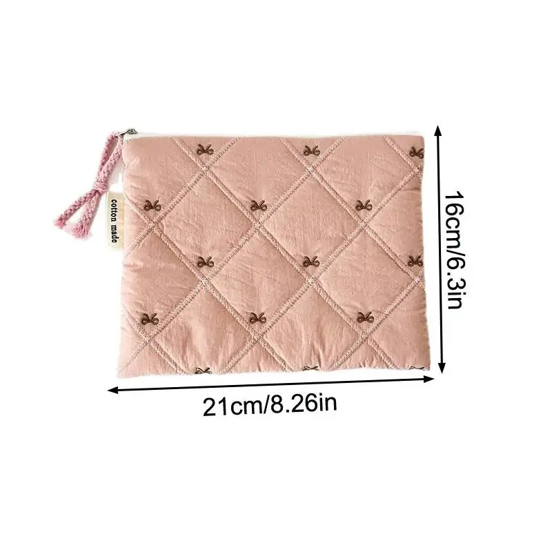 pochette à cosmétiques matelassée avec nœud brodé, grande capacité, sac à papeterie multifonctionnel, trousse à stylos