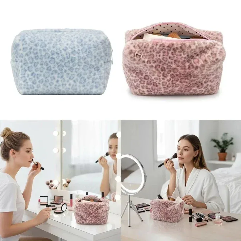 sac de rangement pour maquillage, pochette de rangement pour cosmétiques en peluche moelleuse à imprimé léopard, trousse de toilette pour femme automne/hiver, pochette de soirée
