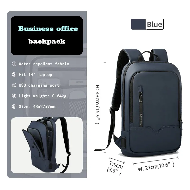 hcankcan-sac à dos mince pour homme, sacoche pour ordinateur portable 14 pouces, business, multifonctionnel, étanche, école, unisexe, décontracté, voyage, noir