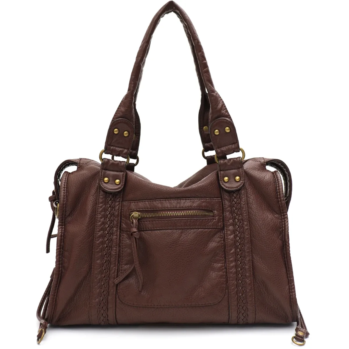 vintage lavé en cuir pu grande capacité fourre-tout poches zippées tresse décor épaule sac à bandoulière unisexe femmes voyage quotidien sac à main