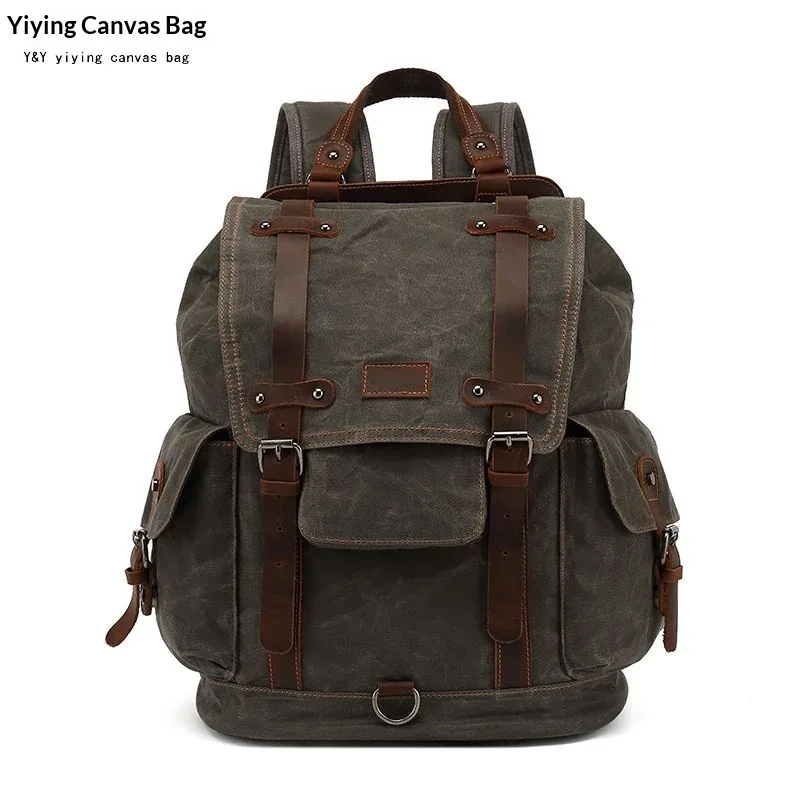 sac à dos vintage en toile et cuir imperméable, sac de voyage, mochila vintage masculine, sac à dos pour homme, sac à dos pour ordinateur portable en toile cirée