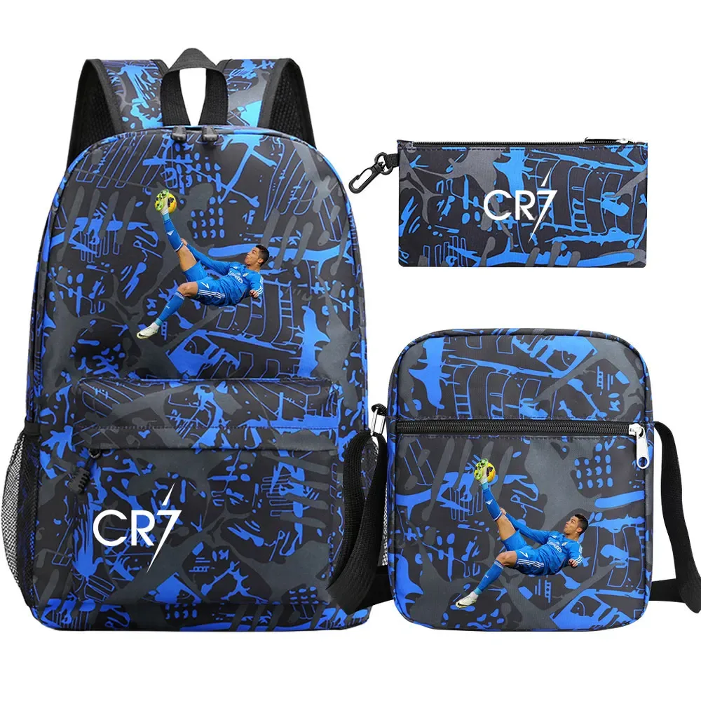 football star cr7 3 pièces garçon fille retour à l'école livre sacs, étudiant sac à bandoulière porte-crayon sac à dos, adolescents mochila hommes femmes