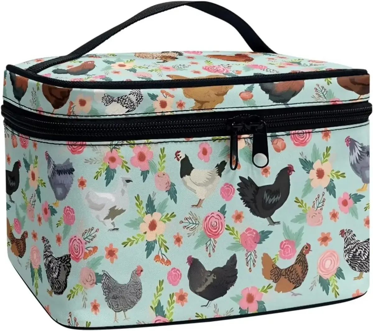 trousse polyester motif floral champignons poignée noire bleu jaune rouge vert voyage maquillage cosmétiques