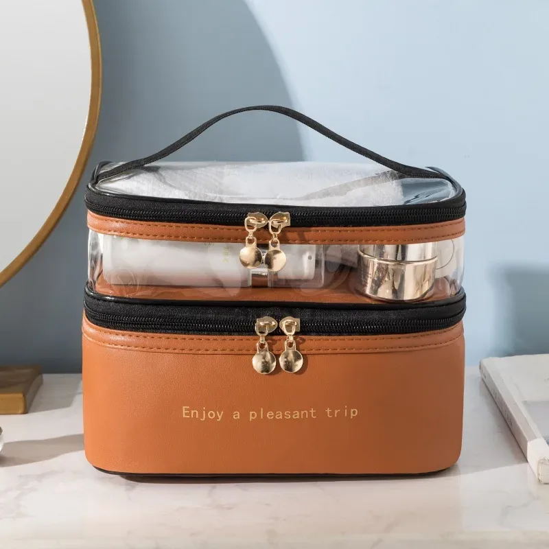 Trousse Toilette PU Transparent Beige Compartiment Noir Portable Voyage Cosmétiques Maquillage Sac Rangement Grand Capacité