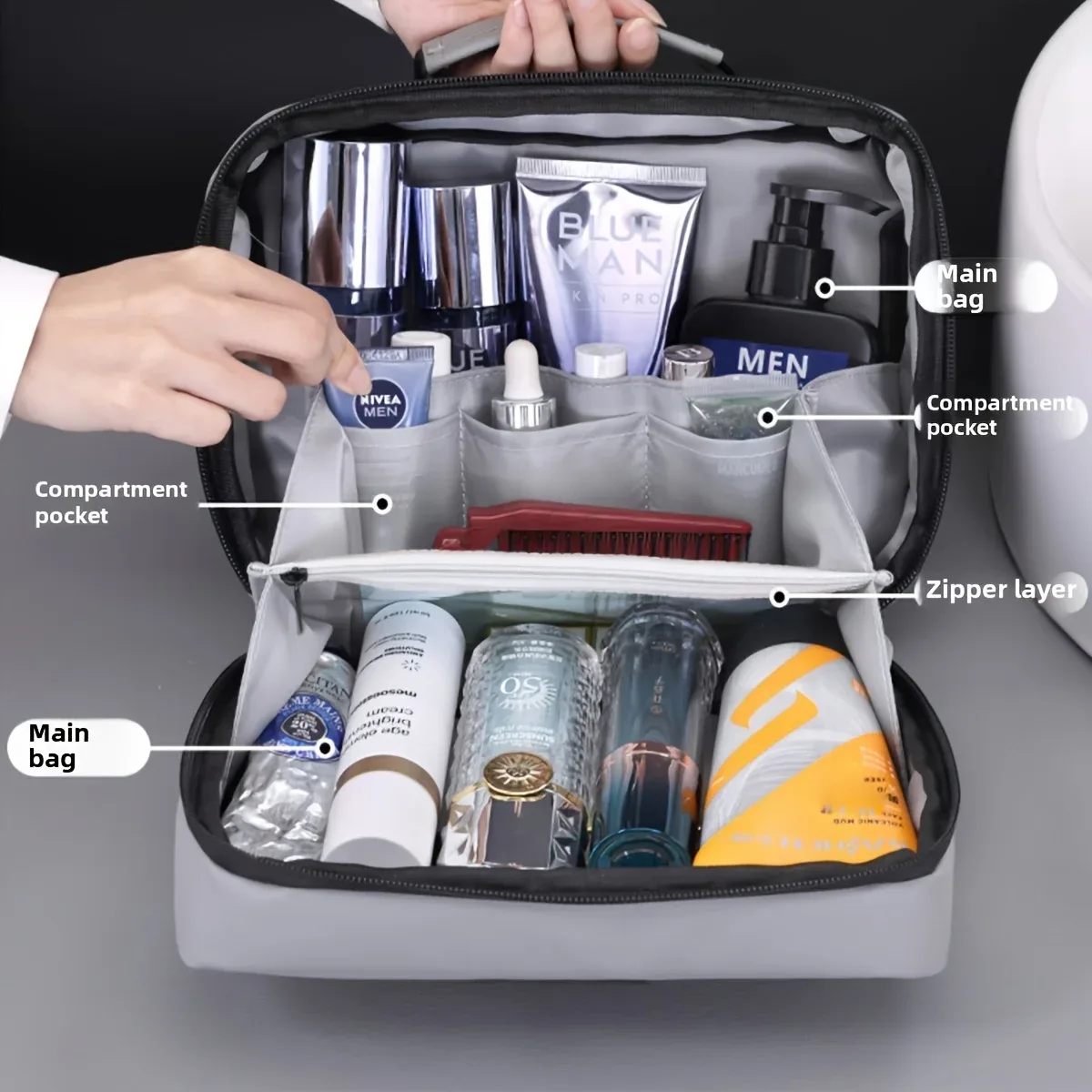 sac de rangement de maquillage à double ouverture pour hommes, sac de maquillage et de beauté portable à fermeture éclair, sacs de rangement de produits de toilette de voyage d'affaires