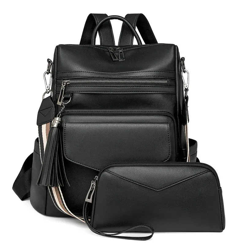 sac à dos en cuir pu pour femmes, imperméable, antivol, grand sac à dos de voyage rétro pour collège, sac à bandoulière avec pompon, 2025