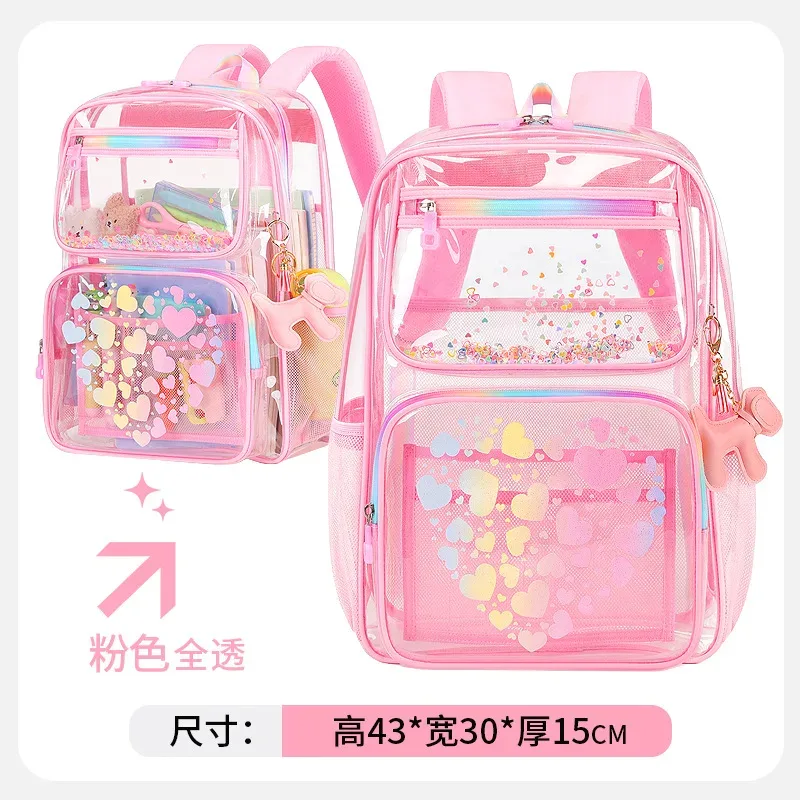 sac à dos transparent en pvc imprimé cœur, pour adolescents, garçons et filles, cartable d'étudiants, grande capacité, étanche, voyage, plage