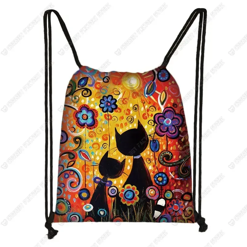 sac à dos de voyage en toile avec motif de chat pour femme, sac de rangement, sac de proximité, joli, mignon, chat de dessin animé, image imprimée, mode