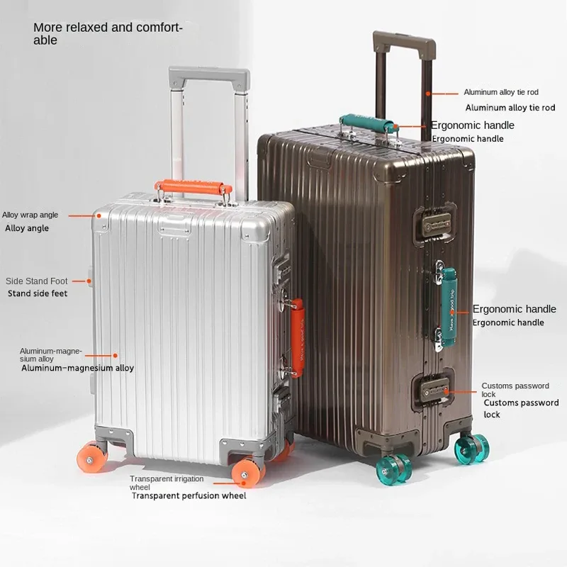 valise aluminium argenté roulettes oranges toupies ergonomiques poignées verticales voyage affaires élégante robuste durables