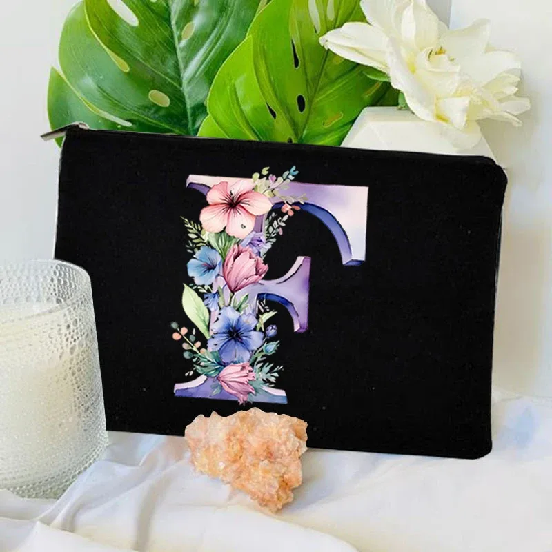 trousse toilette toile noire initiale fleurs maquillage femmes voyage sac cosmétiques intérieur uni poignée glissière