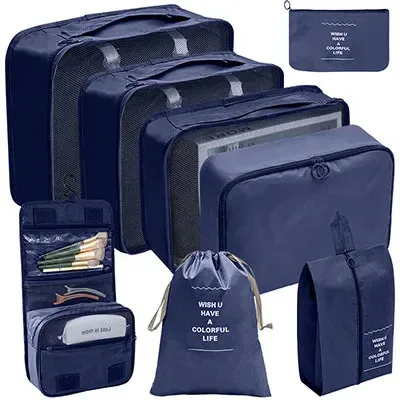 organisateur voyage polyester beige clair tissu imperméable poches maille transparente fermetures glissière poignées intégrées grande taille
