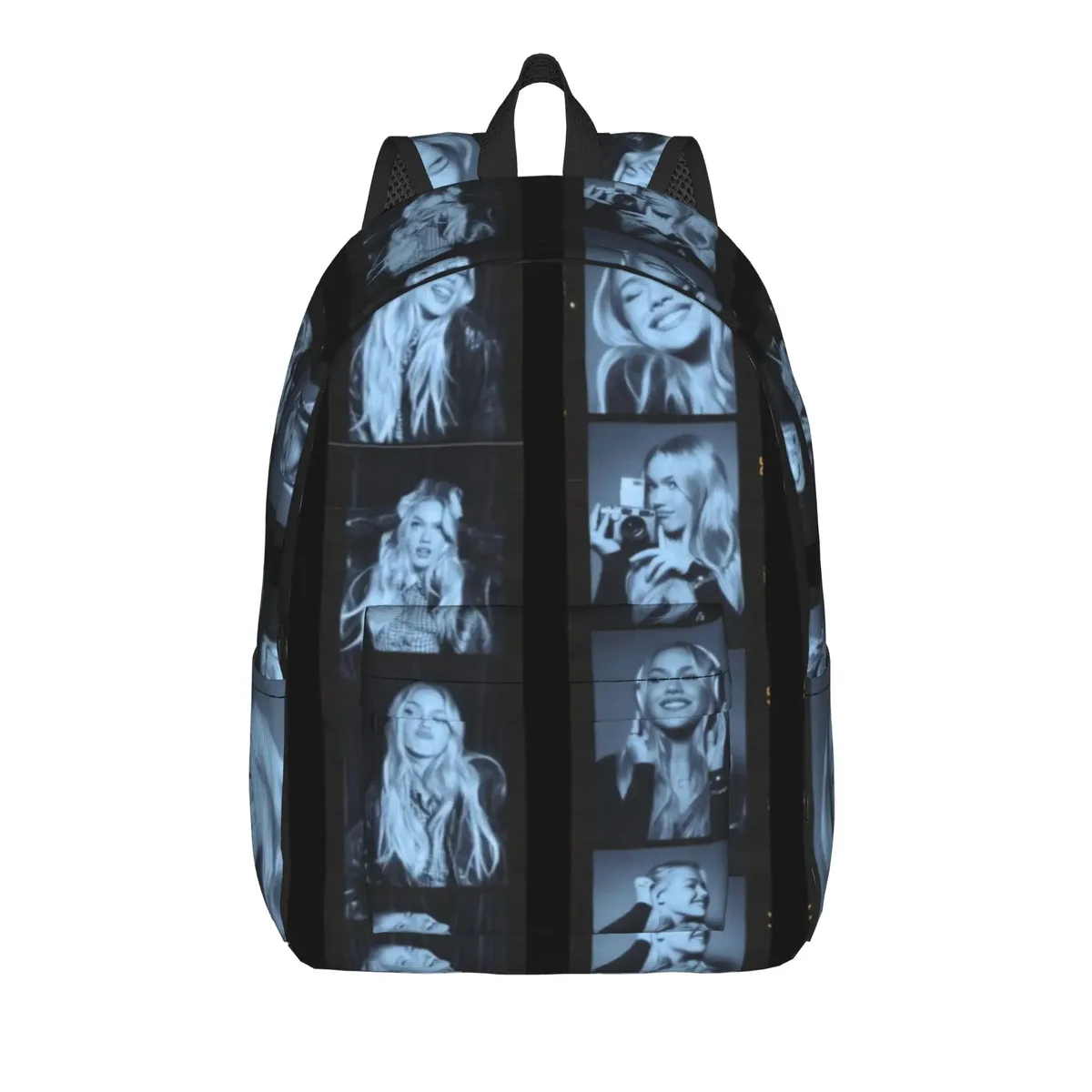 sac à dos freya skye avec patchwork photo et texte bleu, sacs à dos modernes pour garçons, sacs de randonnée souples, sacs d'école secondaire, sac à dos de créateur