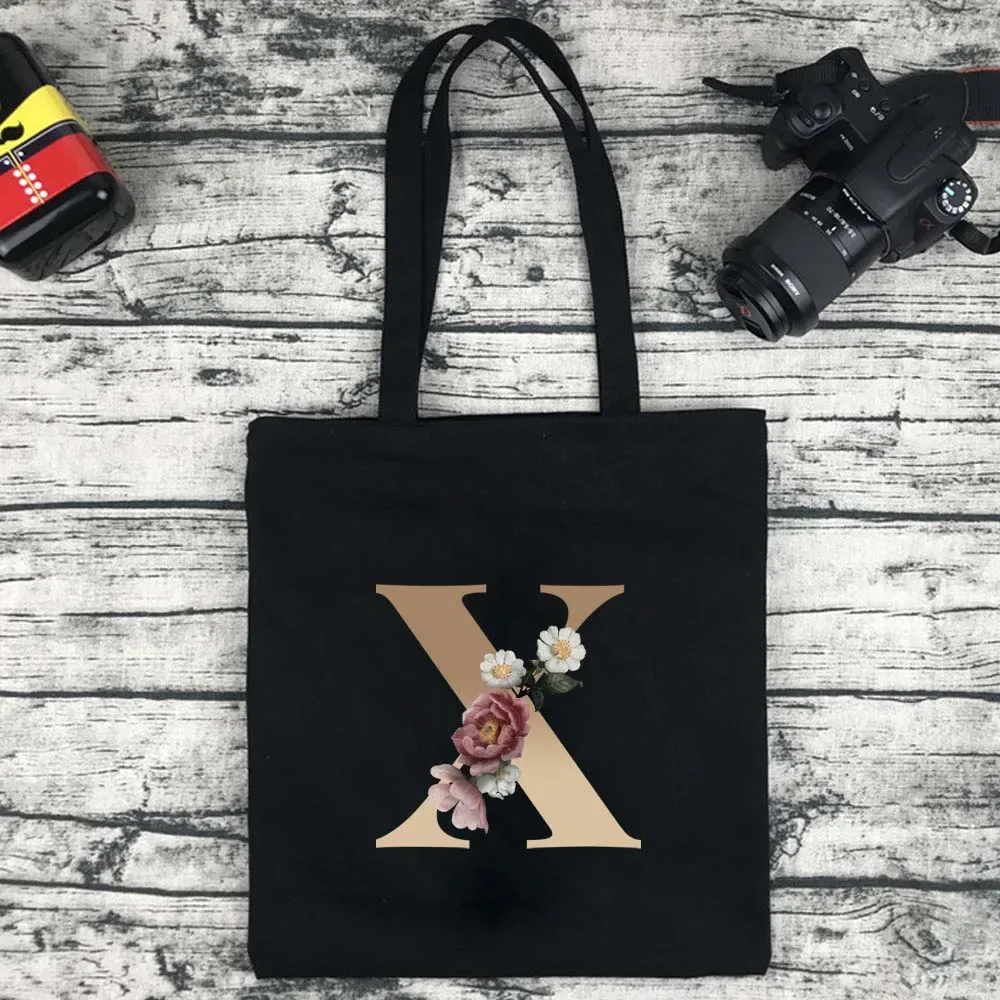 sac de shopping écologique pour femmes, sac à bandoulière portable pliable noir, sac à main réutilisable de grande capacité avec lettres, fourre-tout bolsos