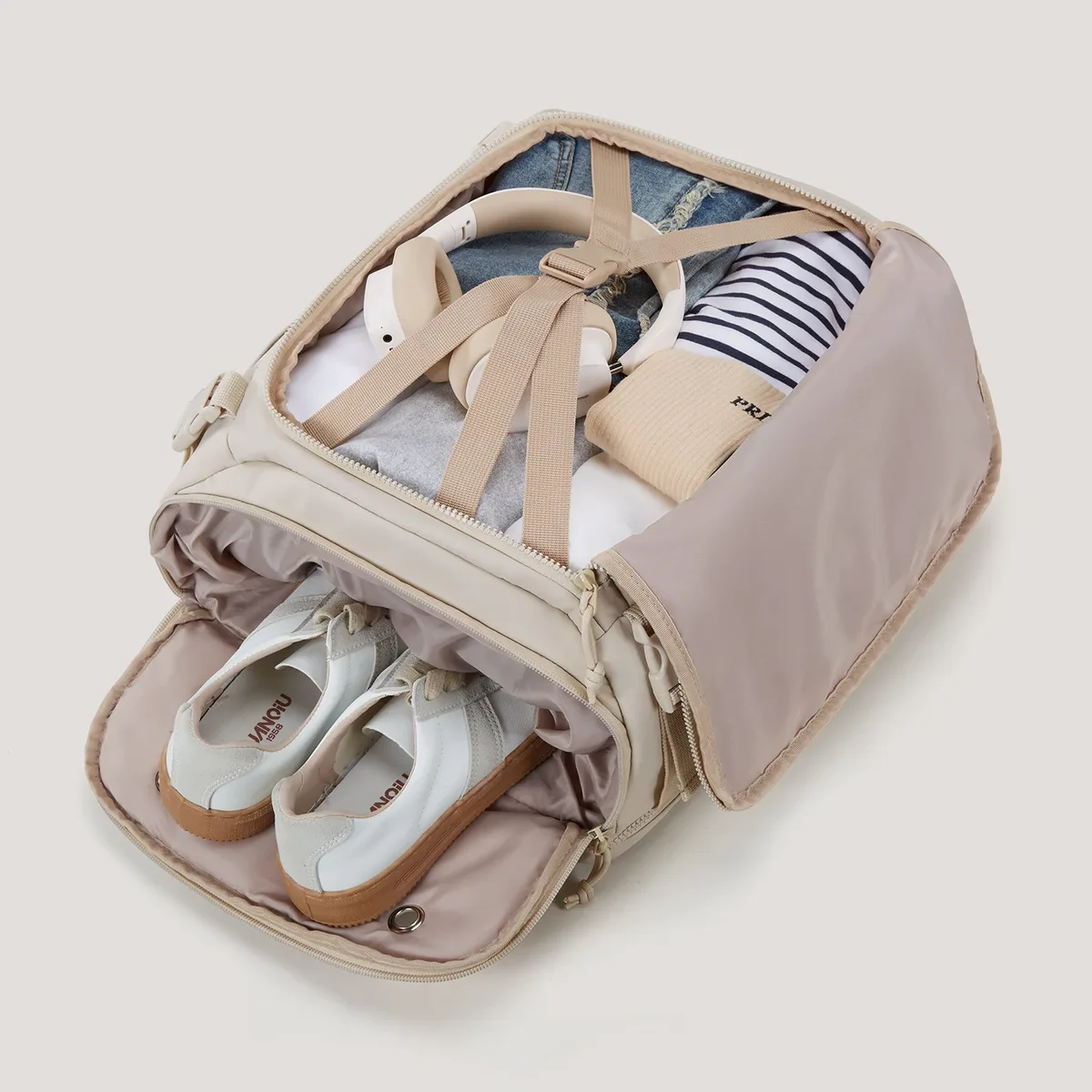 sac dos pvc beige clair poches multiples compression souple usage voyage sport ecole shopping antivol étanche