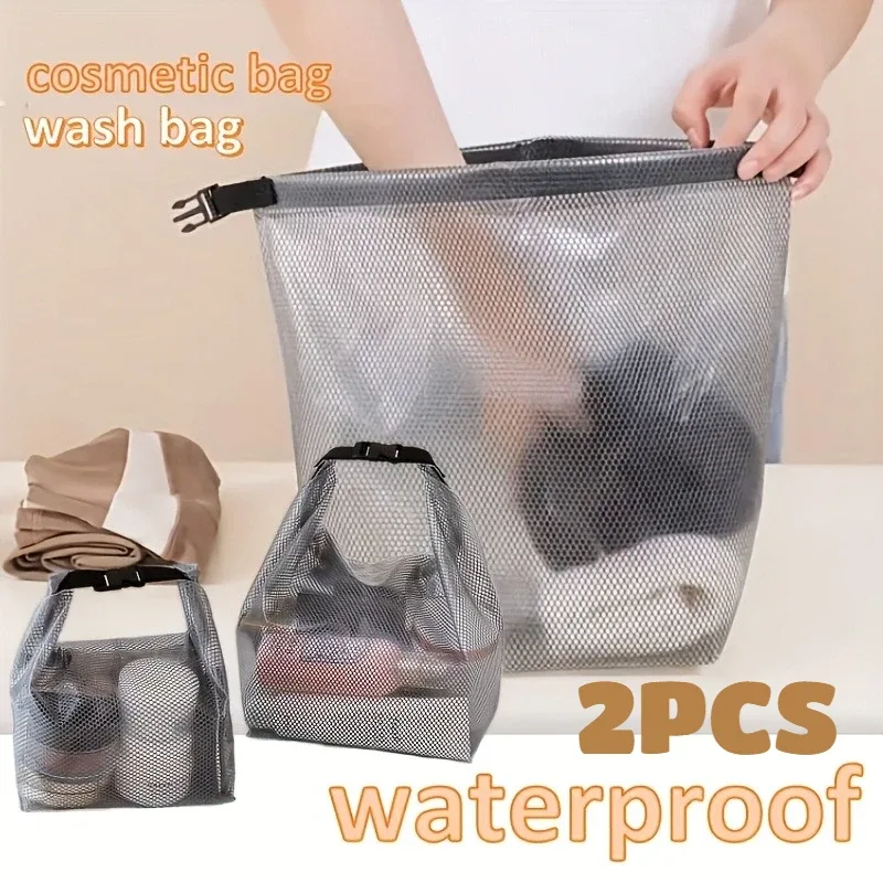 Pochette Cosmétique Maille Transparente Motif Carrés Noirs Fermeture Éclair Anse Étanche Voyage Fitness Natation