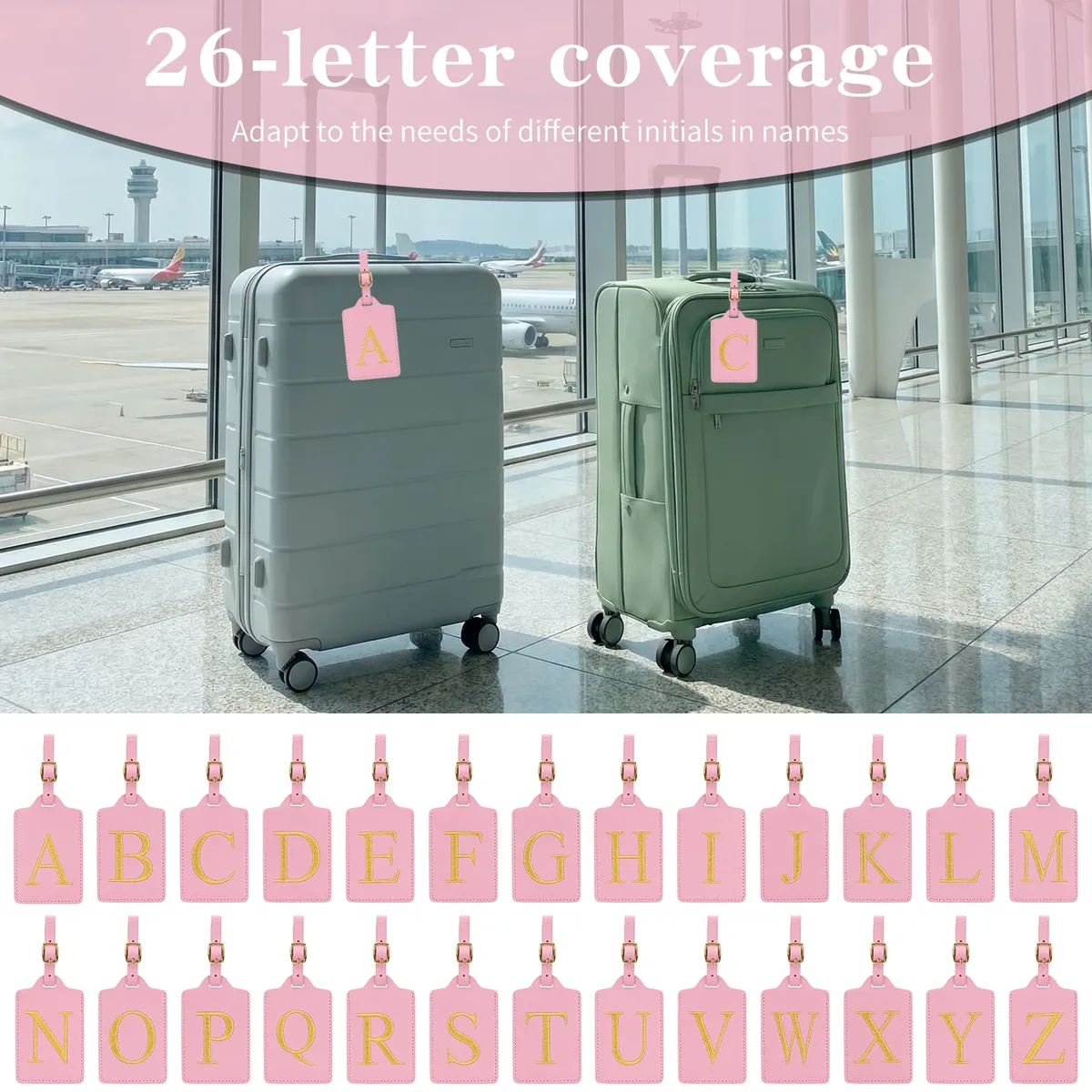 étiquettes de bagages miyin 26 lettres en cuir pu pour valises, protection de la vie privée, accessoires de voyage essentiels, rose