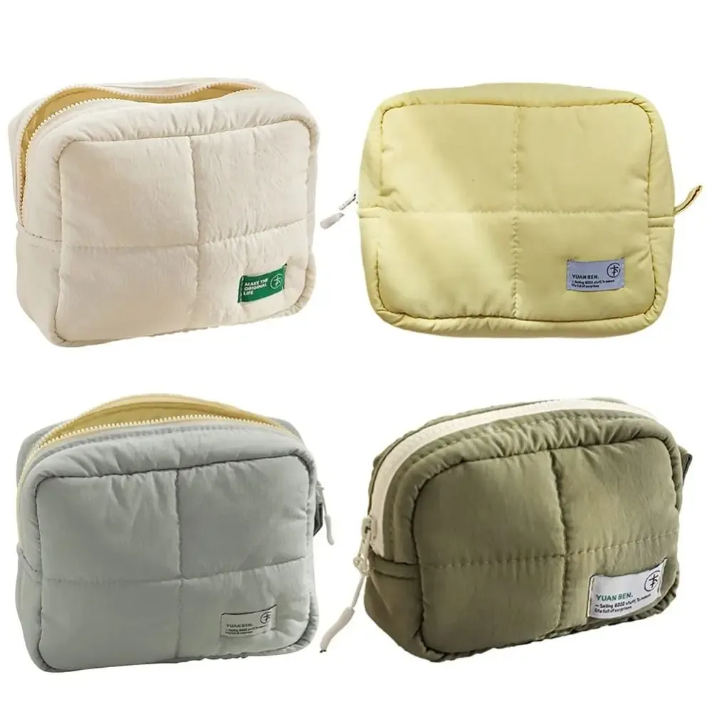 trousse de maquillage matelassée esthétique, pochette carrée bouffante pour cosmétiques, grande capacité, sac de rangement de soins de la peau de couleur unie pour femmes
