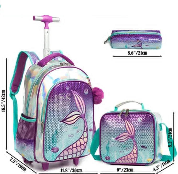 sac dos cuir verni bleu sequins multicolores visage licorne motif queue sirène accessoires peluche pompons boîte lunch sac crayons enfant voyage école