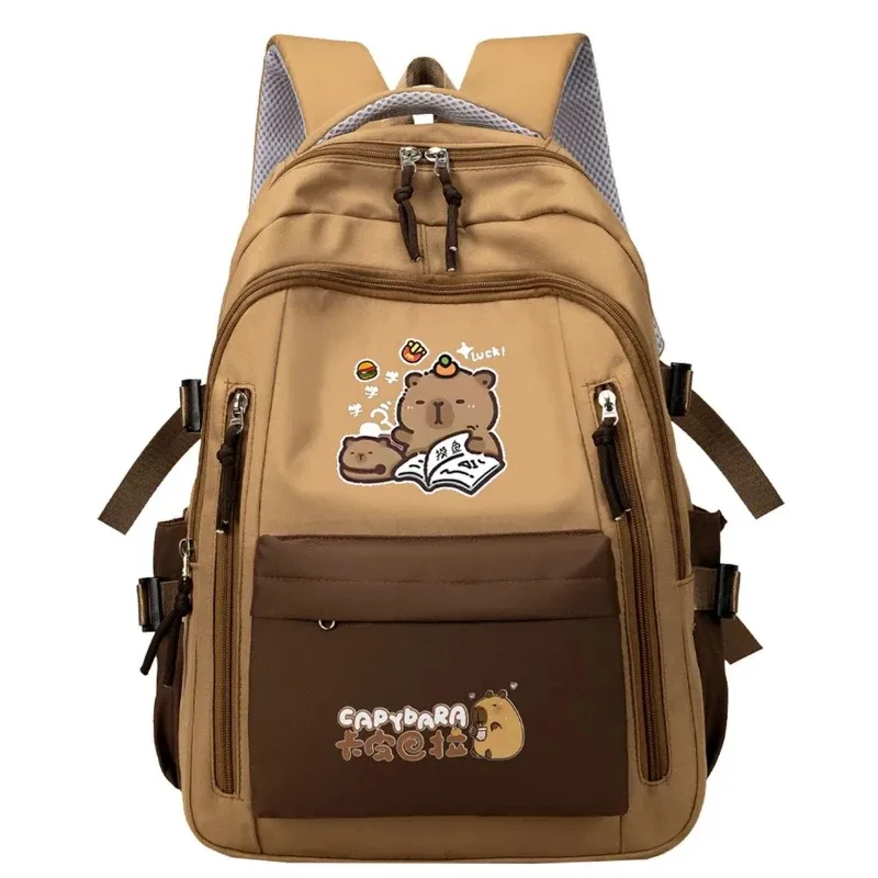 sac dos nylon dessin animés marron clair grand format cadre interne poche latérale ultra léger informatique souple limon jacquard bandoulière arquée préppy école voyage