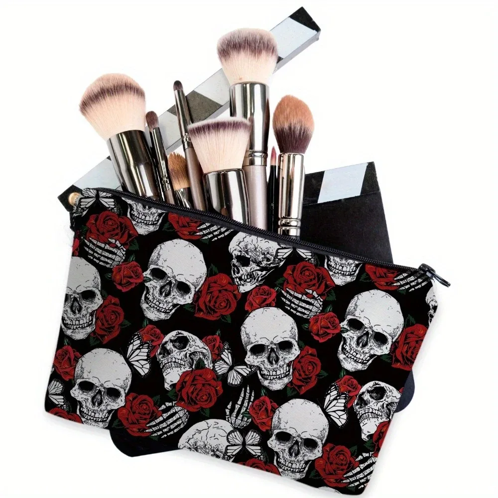 trousse de maquillage gothique à motif de rose et de crâne, pochette cosmétique portable en polyester durable, sac de voyage de grande capacité, cadeau d'halloween