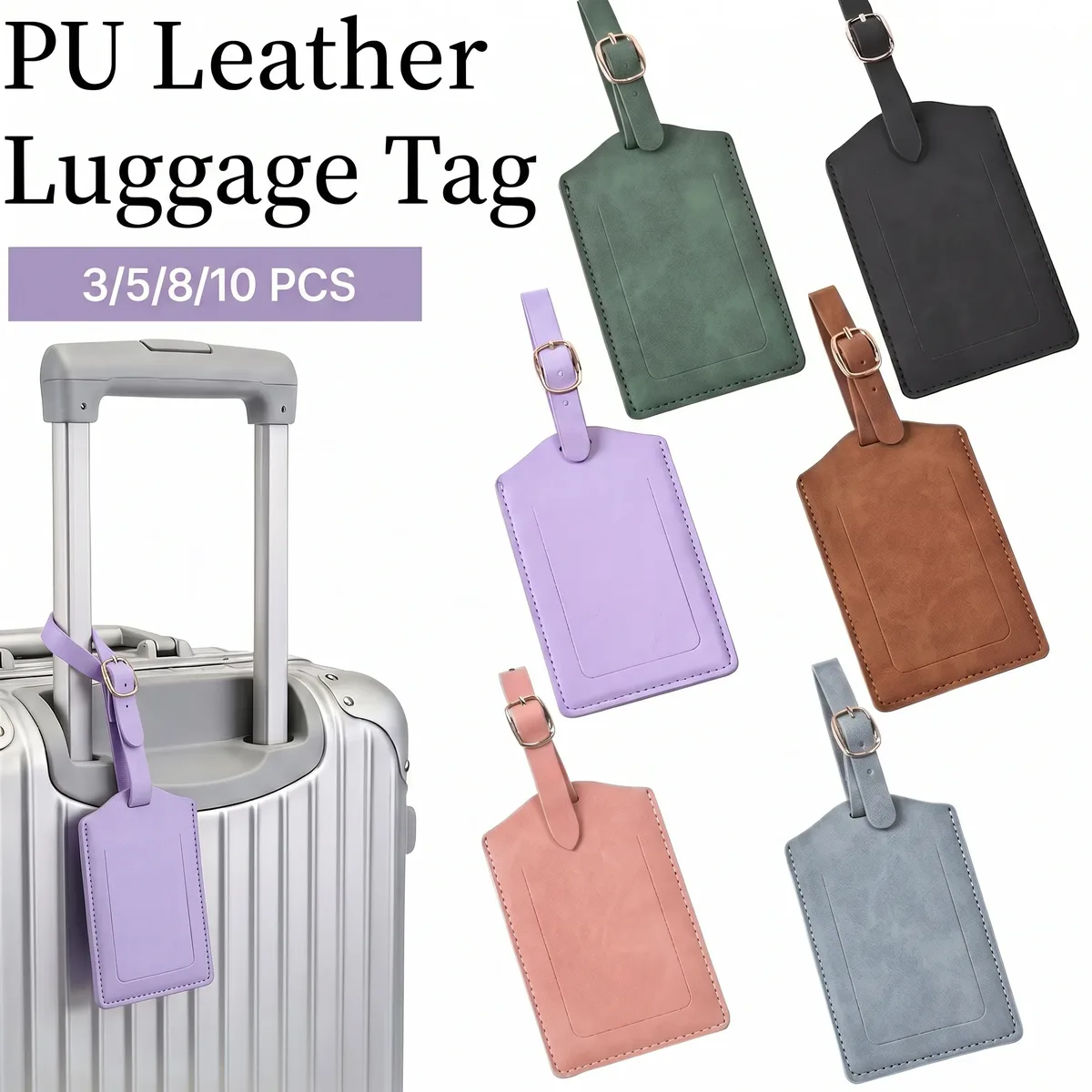 Étiquettes de bagage en cuir PU, 3/5/8/10 pièces, avec boucle métallique réglable, anti-perte, étiquette d'identification de valise, étiquettes de bagage de voyage colorées