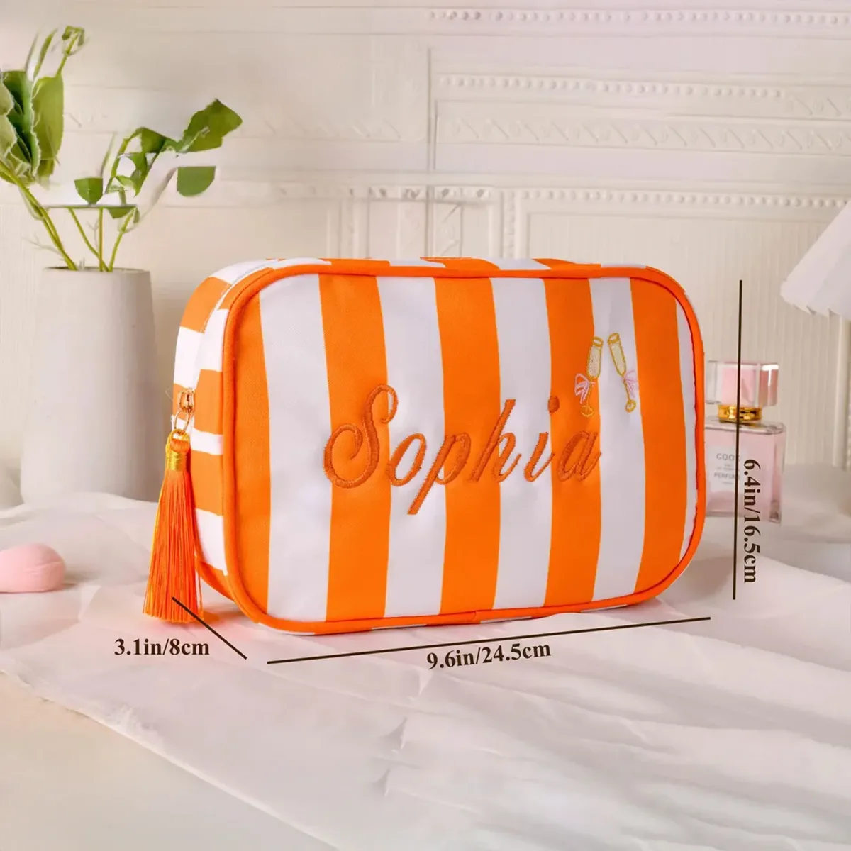 pochette de maquillage personnalisée brodée en seersucker, rayée et matelassée, pour cosmétiques, cadeau de mariage pour demoiselle d'honneur, organiseur de voyage pour articles de toilette avec fermeture éclair