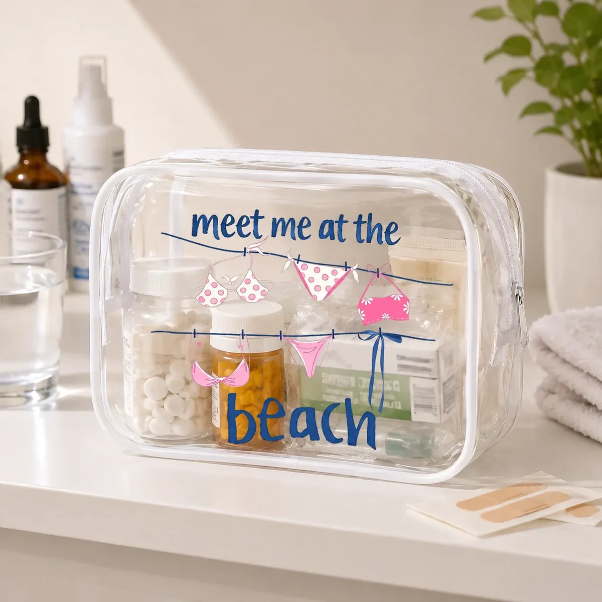 sac cosmétique transparent en pvc, organisateur de toilette, pochette de voyage à motif de plage, sac de rangement transparent, sac à médicaments, étui de beauté