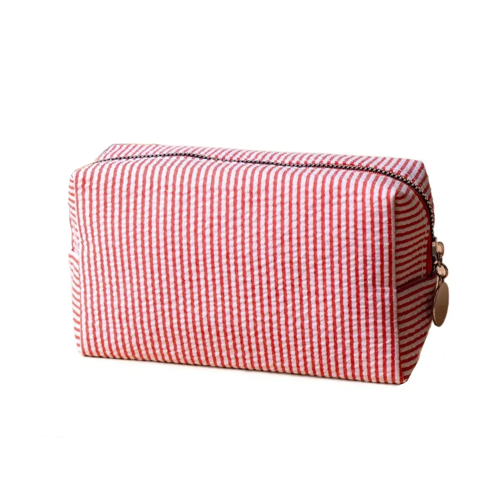 trousse de maquillage rayée en tissu seersucker doux, fermeture éclair, pochette cosmétique grande capacité, trousse à crayons multi-usages, usage quotidien