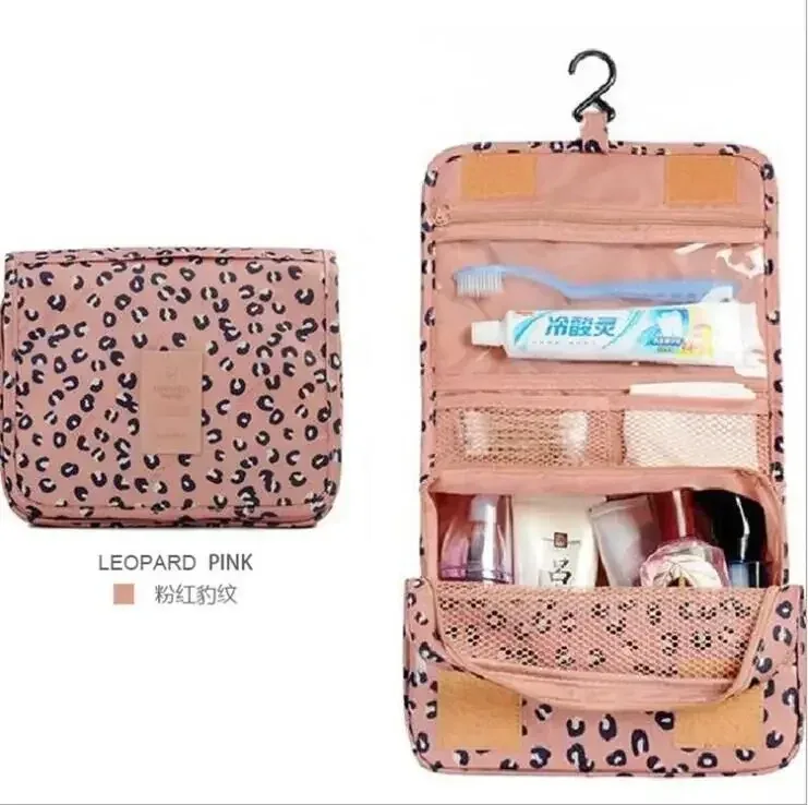trousse toilette cosmétique rose léopard compartiments imperméable transparent grille velcro voyage maquillage organisateur rangement