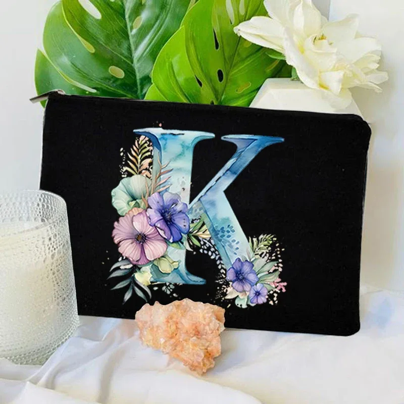 trousse toilette toile noire initiale fleurs maquillage femmes voyage sac cosmétiques intérieur uni poignée glissière