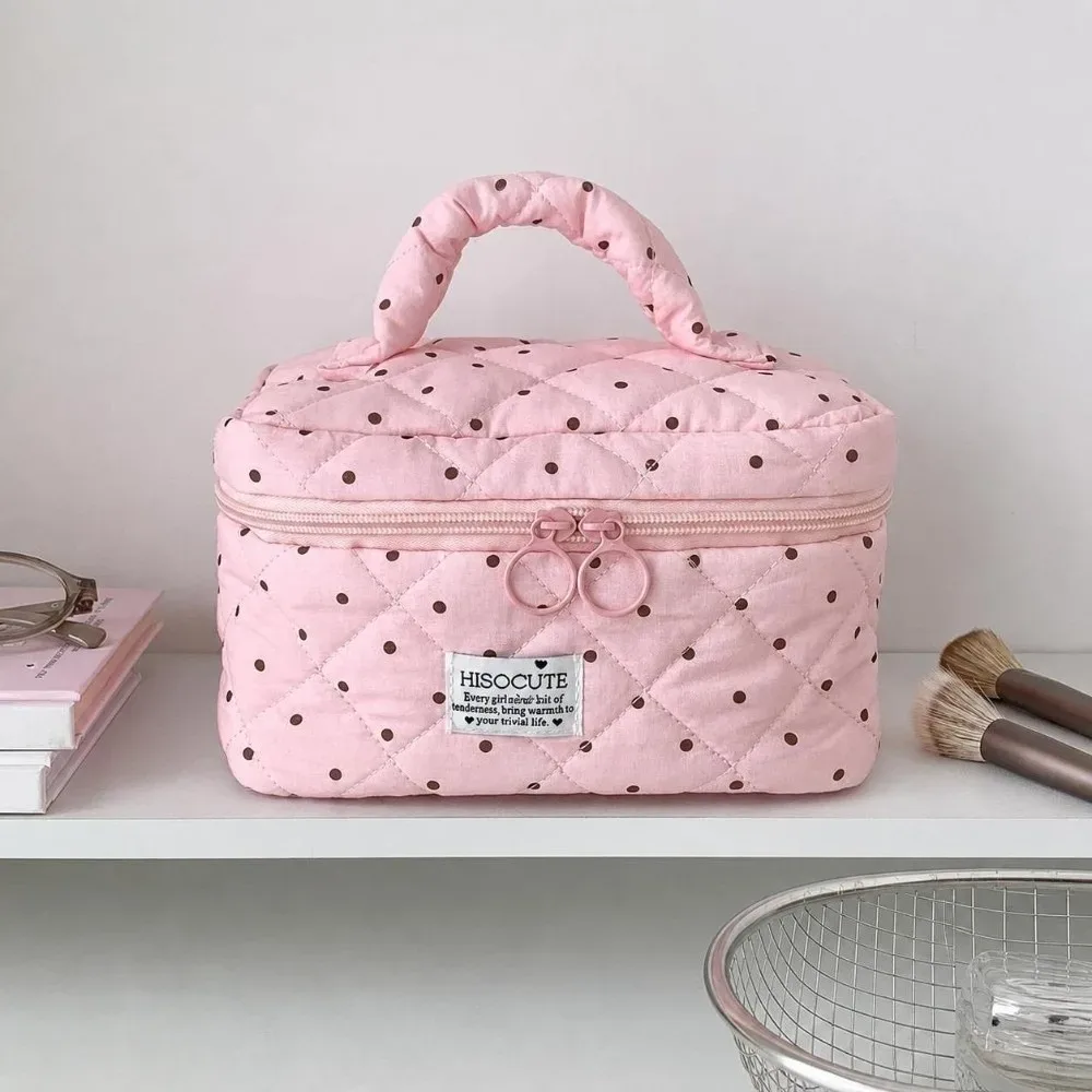sac de maquillage matelassé à motif à pois kawaii, grande capacité avec poignée, organisateur de toilette de voyage, sac de rangement polyvalent pour femmes