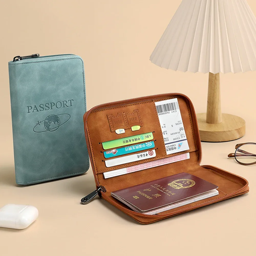 porte-passeport bloquant rfid, portefeuille en cuir pu, couverture de passeport, portable, multifonction, fermeture éclair, pince à billets, accessoire de voyage