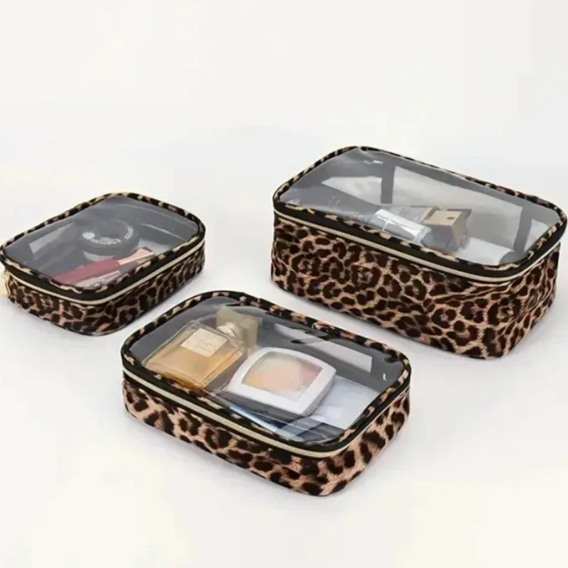 trousse de maquillage léopard imperméable grande capacité, 1/3 pièces, unisexe, transparente, pour voyage, organiseur de cosmétiques, trousse de toilette portable à fermeture éclair