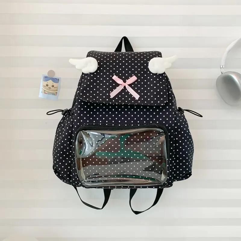 sac à dos mignon à pois, aile d'ange, nœud rose, poche transparente, sac à dos de grande capacité, sac de trajet sweet lolita pour femmes