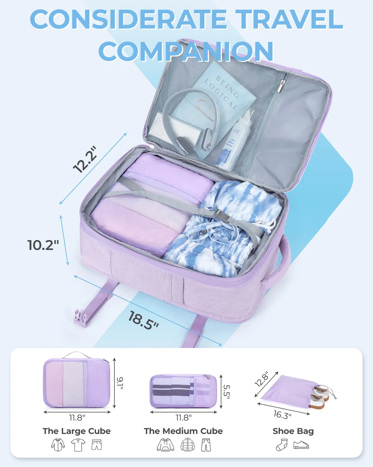 sac dos polyester violet gris marron rectangulaire transport bandes latérales compartiments zippés poche latérale ergonomique expandible voyage weekender