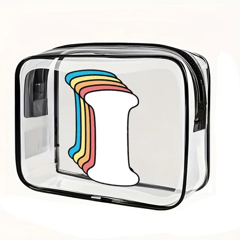organisateur voyage cosmétiques pvc translucide poignée noire motif arcs-en-ciel lettre grande capacité format tonneau sac compression