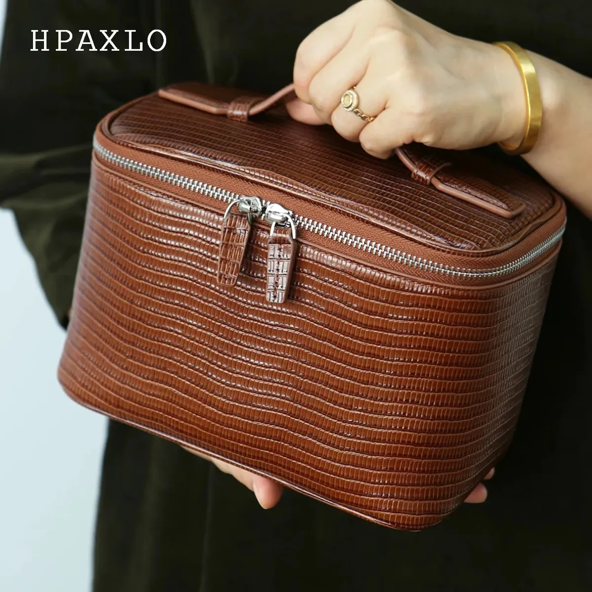 sac de maquillage en cuir de vachette à motif lézard, grande capacité, sac de toilette de voyage, cuir véritable, sac cosmétique portable pour femmes