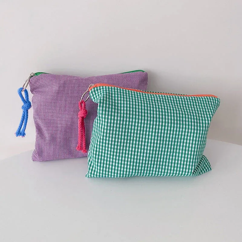 sac de maquillage à carreaux pour femmes et filles, grande capacité, sac cosmétique en coton, simple, portable, sac de rangement, pochette, sac de voyage, pochette de maquillage