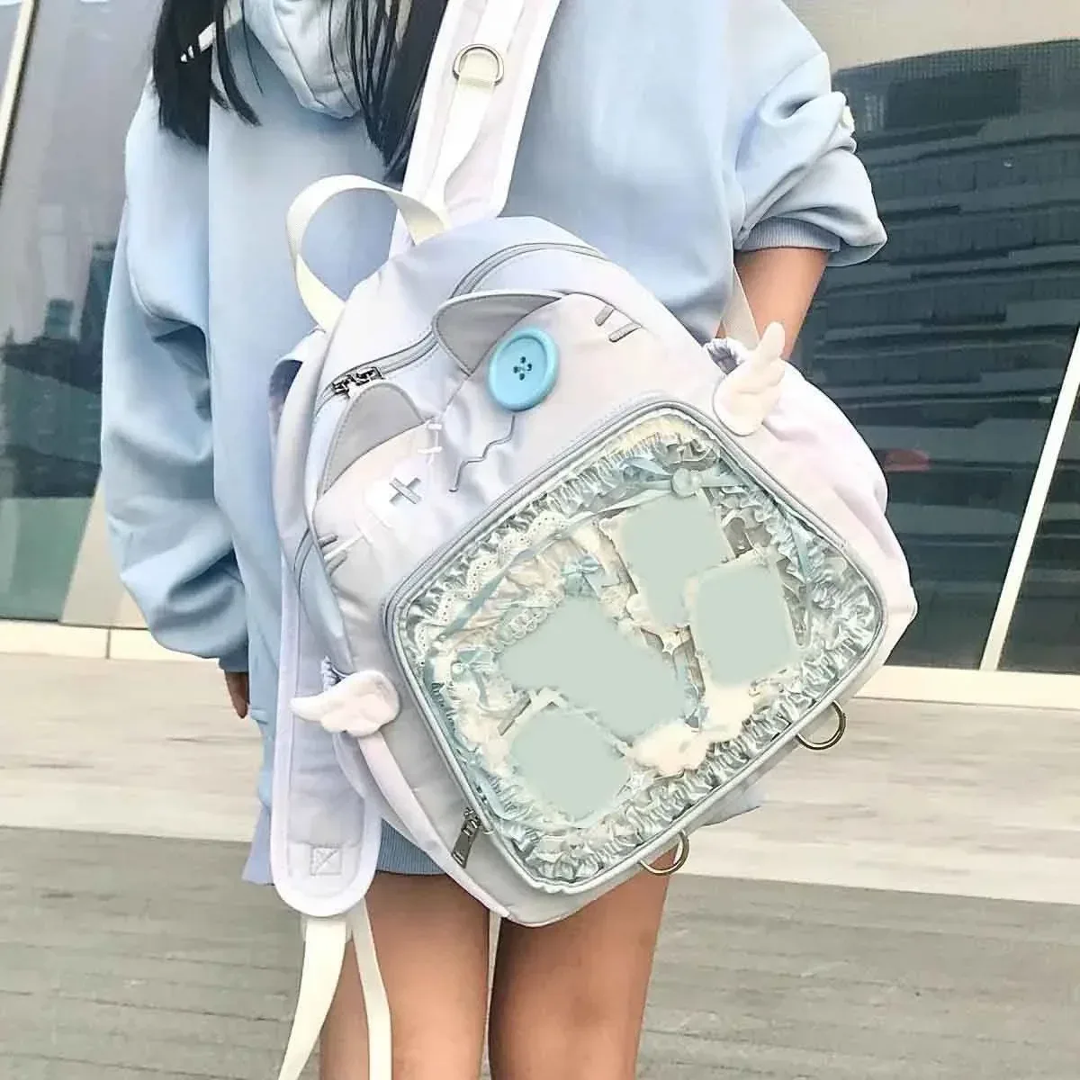 sac à dos chat mignon femmes nylon style japonais décontracté mode transparent ita sac grande capacité femme esthétique sacs à dos bolsa