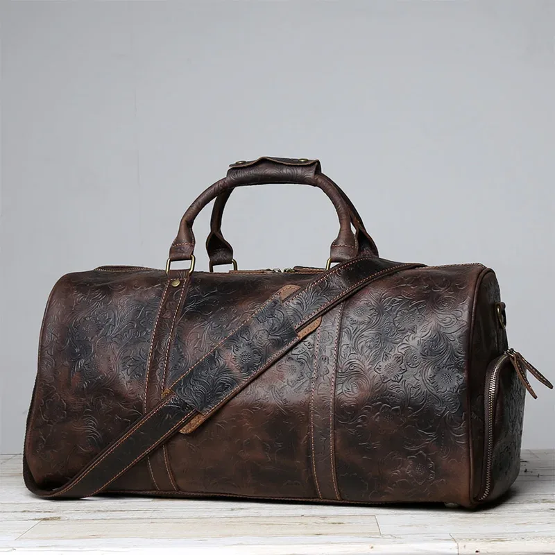 sac voyage cuir vache marron motifs floraux ovale poignée bandoulière grande capacité affaires week end sport