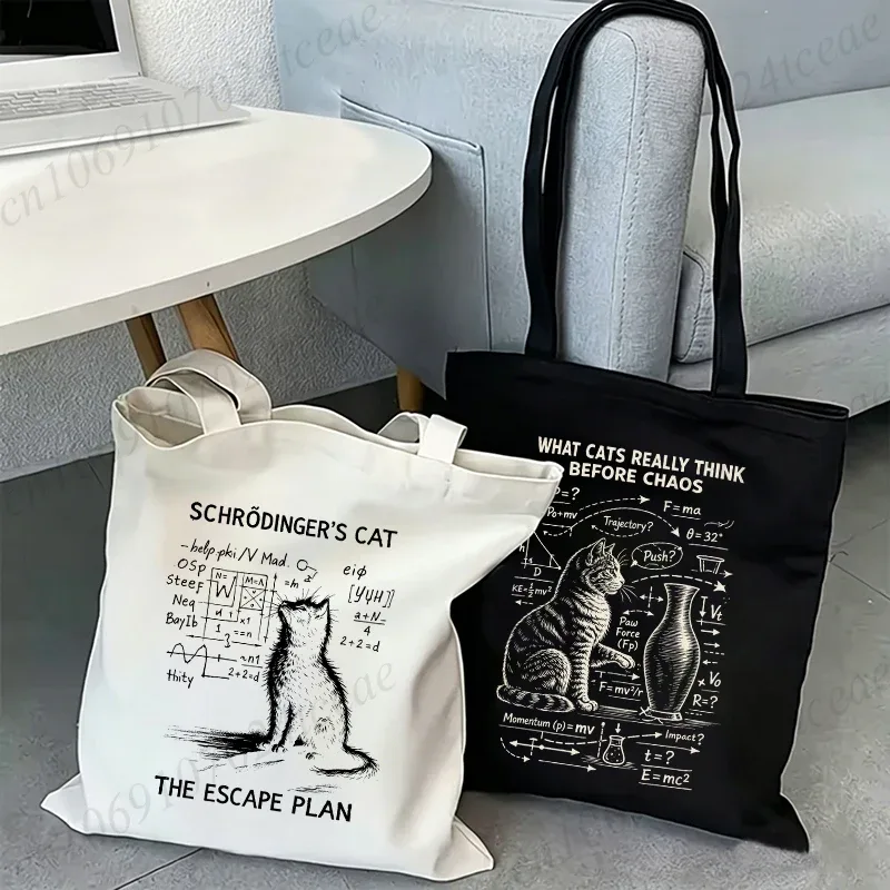 sac fourre-tout en toile imprimé chat physique amusant, sac à main réutilisable chat mathématique humour scientifique, sacs à bandoulière décontractés pour le shopping
