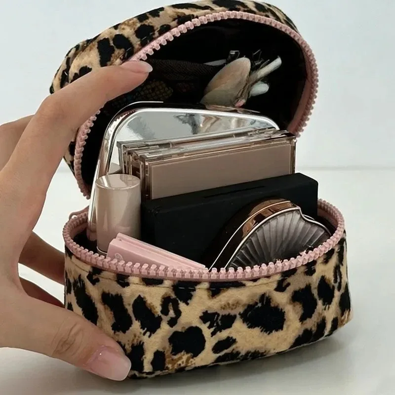 sac de maquillage imprimé léopard rose pour femmes, petit sac de voyage portable, organisateur de cosmétiques, trousse de toilette, grande capacité de rangement
