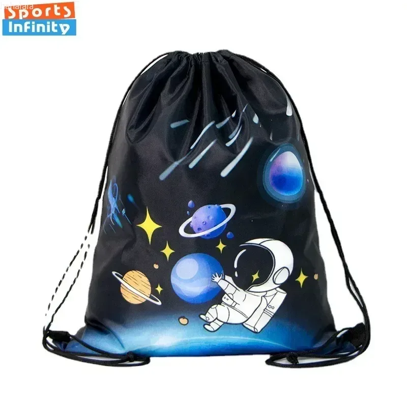 sac à dos à cordon de serrage avec imprimé espace et dessin animé, sac de sport de grande capacité, sac de rangement de voyage imperméable